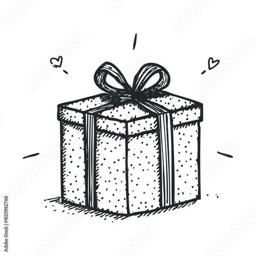 Hand-drawn gift box with polka dots, bow, and hearts.