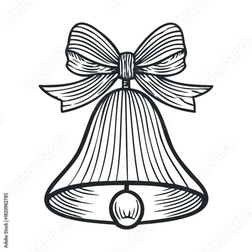 Engraving style drawing of a bell with a large bow above.