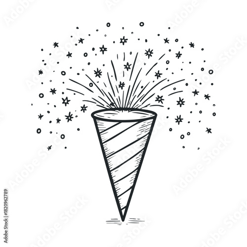 Hand-drawn doodle of a striped cone popper bursting stars.