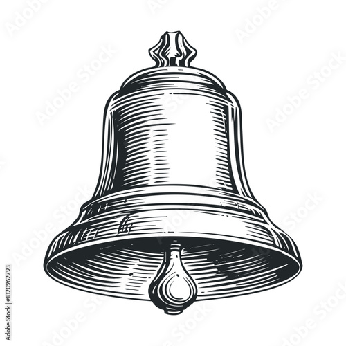 Engraved-style drawing of a traditional hanging bell.