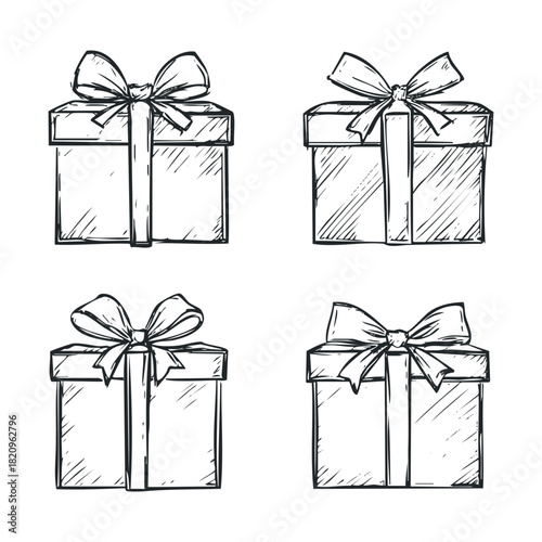 Four hand-drawn sketches of wrapped gift boxes with bows.