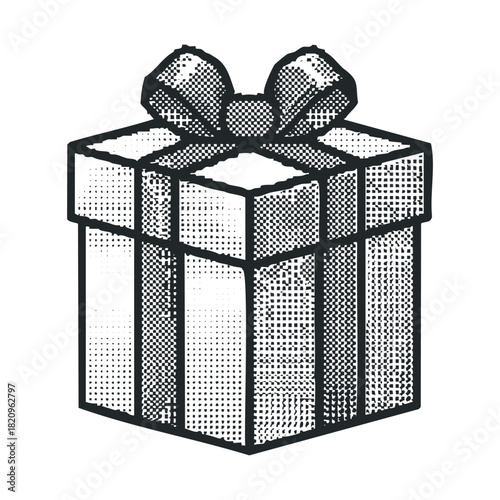Drawing of a gift box with a bow and halftone shading.