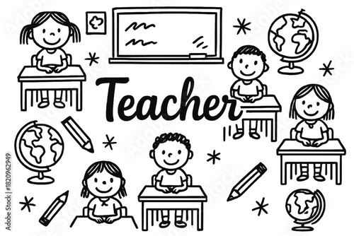 Drawing of children sitting at desks with a teacher in the middle