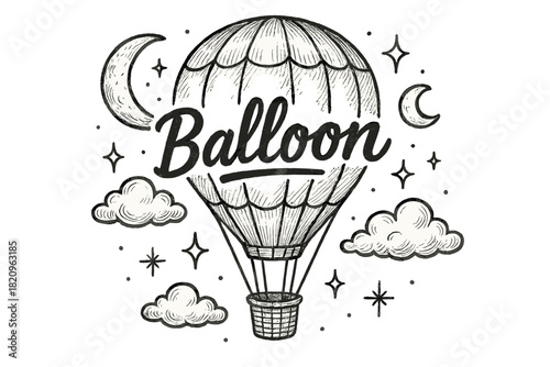 Drawing of a hot air balloon with the word balloon written in cursive