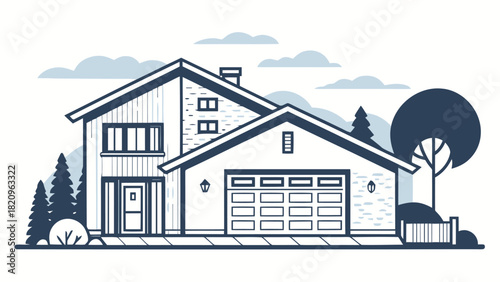 Charming suburban home with garage and manicured lawn, perfect for real estate marketing, architectural design, or family lifestyle promotions