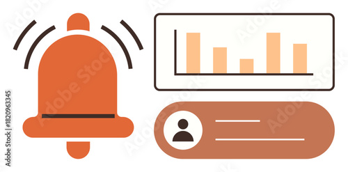 Bell icon for notifications, orange bar chart representing analytics, and user profile card with text fields. Ideal for alerts, updates, communication, analytics, notifications, messaging and user