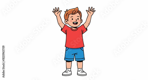 Young boy with red hair and blue shorts raising his hands in excitement.