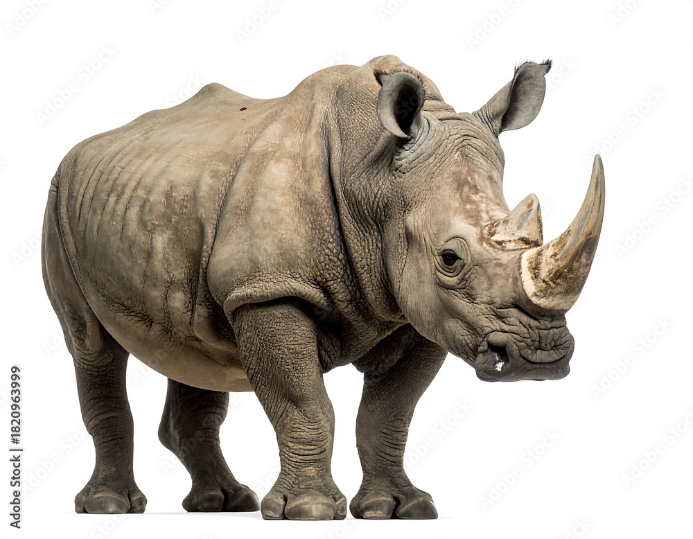 Fototapeta premium A hefty, gray rhinoceros stands calmly, its horn prominent against a plain, light background