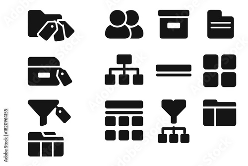 Solid Icon Categorization. Solid style icons of categorization: folder with tags, grouped items icon, labeled category icon, color