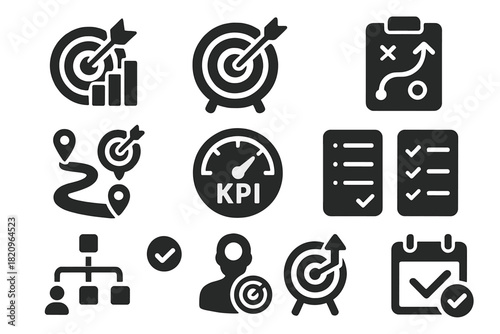 Business Objective Icons. Solid style icons of Business objectives: target with chart, goal arrow, strategy plan, roadmap target,