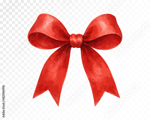 Elegant red watercolor ribbon bow with long flowing tails, festive decorative element for holiday cards, gift wrapping, celebration design and Christmas accents. Vector illustration.