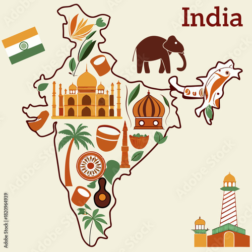 Illustrated map of India filled with cultural icons like Taj Mahal, elephant, sitar, and national flag.