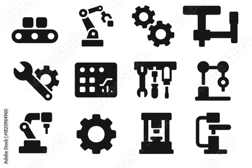 Manufacturing Tools Icons. Solid style icons of Manufacturing tools: conveyor belt, robotic arm, gear system, assembly tool,