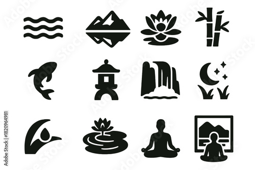 Peaceful Nature Icons. Solid style icons of Peaceful Atmosphere: calm water, mountain reflection, blooming lily, koi swimming,
