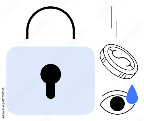 Lock symbolizes protection, falling coin represents transaction security, teardrop over eye hints at vulnerability. Ideal for technology, finance, privacy, emotion, security, online safety trust