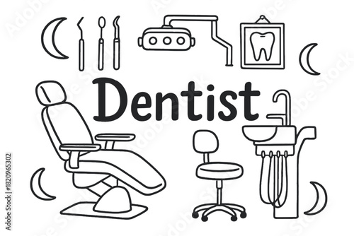 Black and white drawing of a dentist office with a chair, sink