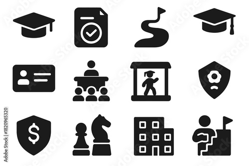 Student Journey Icons. Solid style icons of Student journey: freshman cap, exam milestone, study path, library card, seminar desk,