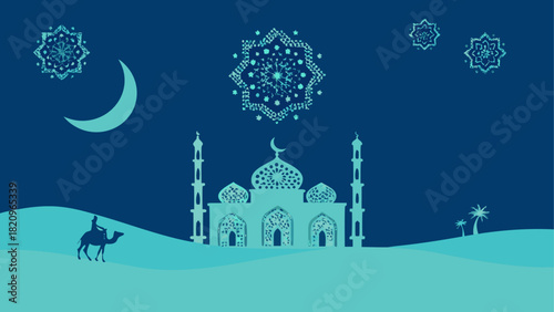 Illustration of mosque with camel and crescent moon