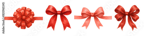 Elegant red ribbon bow set for festive decoration, shiny satin gift wrap elements in realistic style, holiday celebration embellishments for invitations and packaging. Vector illustration.