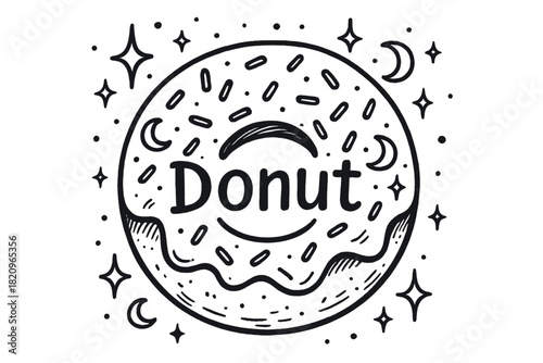 Black and white drawing of a doughnut with the word "donut" written in white