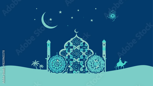 Night scene with mosque and camel silhouette art