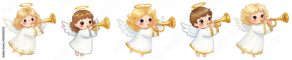 Obraz premium Cute christmas angel illustration set. Child with wings and halo playing trumpet. Holiday watercolor cartoon for greeting card.