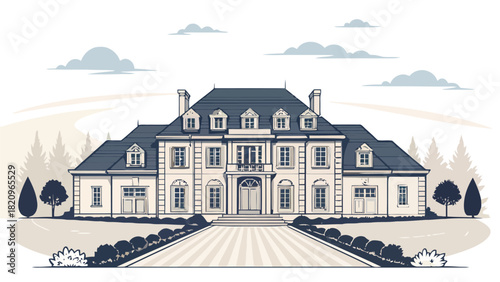 Stately mansion illustration evokes luxury living, perfect for real estate marketing, architectural designs, and upscale property visuals originally a scalable graphic