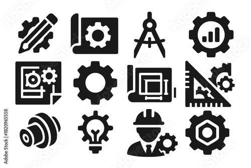 Engineering Icon Set. Solid style icons of Engineering: gear with pencil, blueprint with cog, drafting compass, gear with chart,