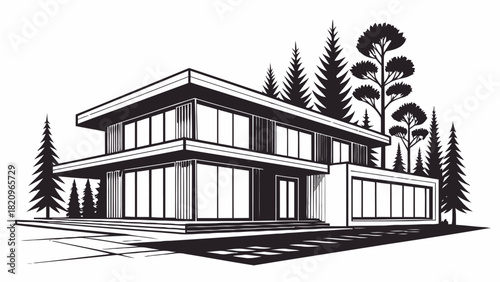Modern home architecture with clean lines and lush trees, perfect for real estate marketing or architectural design concepts, evoking luxury and style