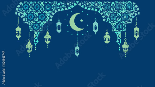 Islamic design with moon star and hanging lanterns