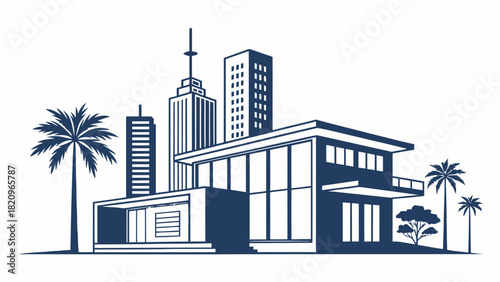 Modern coastal home design with city skyline, perfect for real estate marketing and architectural plans, conveying luxury and sophistication