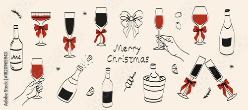 Christmas cocktails and drinks with bows hand drawn set. Coquette holiday aesthetic glasses with ribbon and bow in sketch style. Xmas elegant martini, champagne. Doodle line art vector illustration