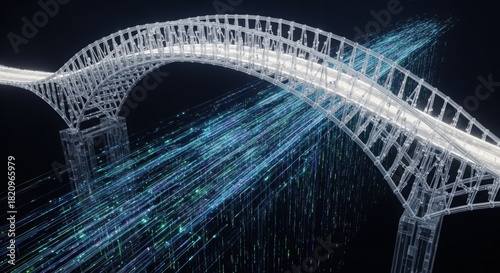 Transparent futuristic bridge with glowing data streams flowing beneath, symbolizing digital connectivity and high-tech networks.