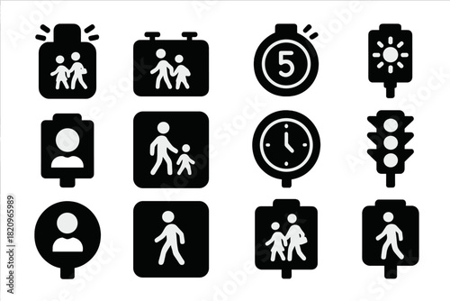 School Zone Signals. Solid style icons of school zone and special signals: school crossing light, blinking school zone, reduced