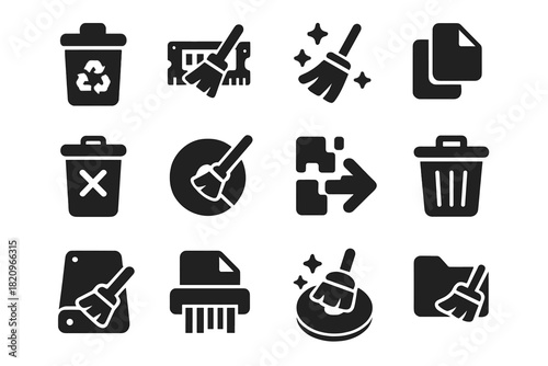System Cleanup Icons. Solid style icons of system cleanup and maintenance: recycle bin, memory wipe, clean system tool, junk file