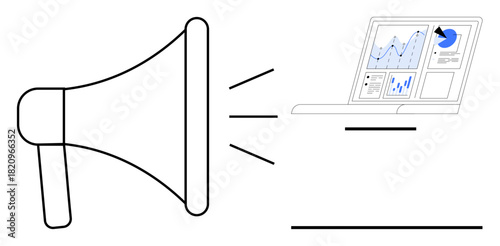 Megaphone emitting soundwaves toward a laptop displaying data charts, suggestive of connecting outreach and analytics. Ideal for marketing, communication, data tracking, promotion, strategy, growth