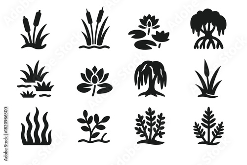 Wetland Plant Icons. Solid style icons of Wetland Plants: cattails, reeds, water lilies, mangrove roots, floating grass, lotus,