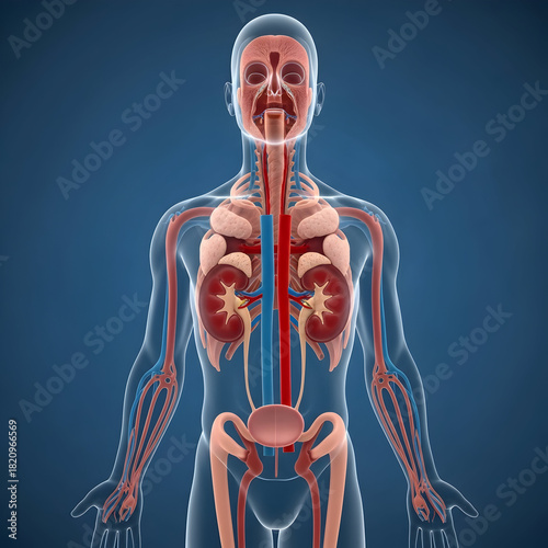 Human Body Anatomy Illustrating Internal Organs and Vascular System