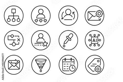 Marketing Automation Icons. Line style round icons of marketing automation: workflow icon, lead nurture, CRM sync, triggered email