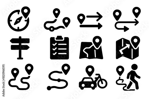 Solid Direction Icons. Solid style icons of directions and route planning: compass with pin, step-by-step path, arrow between pins