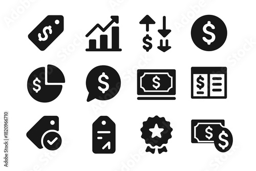 Finance Icon Set. Solid style icons of Cost and pricing: dollar tag, price chart, up/down price arrow, currency label, cost