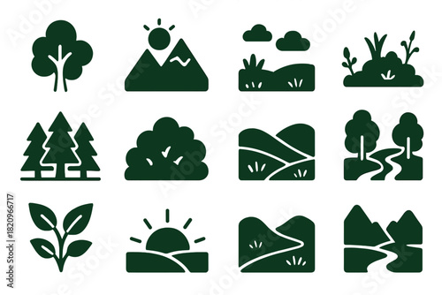 Nature Icons Collection. Solid style icons of nature and greenery: tree with leaves, mountain and sun, natural landscape, meadow
