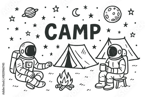 Two astronauts sitting around a campfire