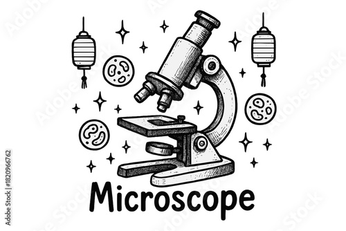 Drawing of a microscope with a few stars and planets in the background