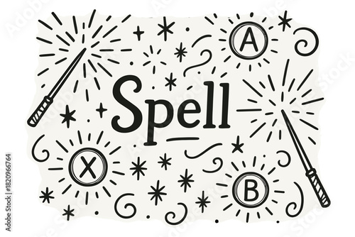 Spell is a black and white drawing of a wizard's wand and a spell book