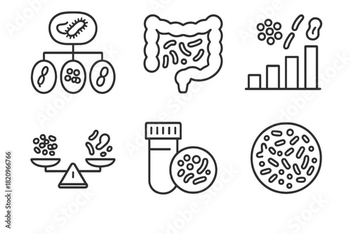 Microbial Diversity Icons. Line style icons of Microbial Diversity: bacterial family tree, gut flora spectrum, species richness