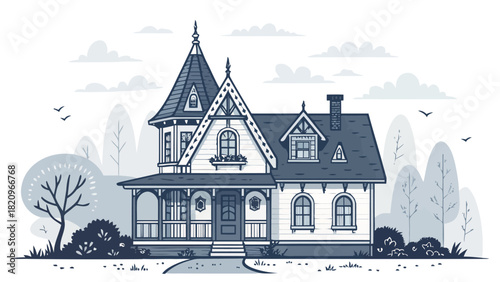 Charming victorian house design with quaint architectural details, perfect for real estate marketing, home decor projects, and illustrating family values