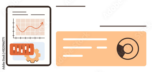 Graph with upward trend, pie chart, settings icon, and data tables representing analytics, business growth, statistics, management, decision-making productivity and financial analysis. Simple flat
