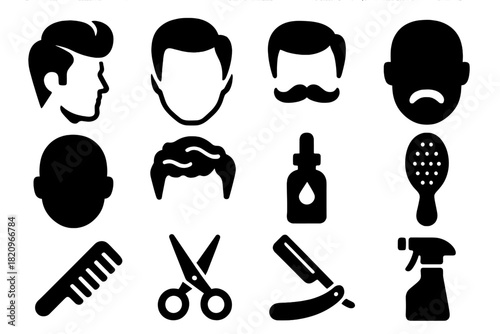 Retro Hair Icons. Solid style icons of Retro Hairstyles: Pompadour, Side Part, Mustache, Beard, Shaved Head, Waves, Hair Oil,