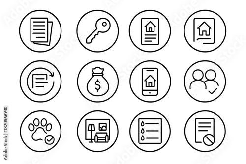 Rental Lease Icon Set. Line style round icons of rental and leasing: rent receipt, tenant key, rental ad, lease renewal; deposit